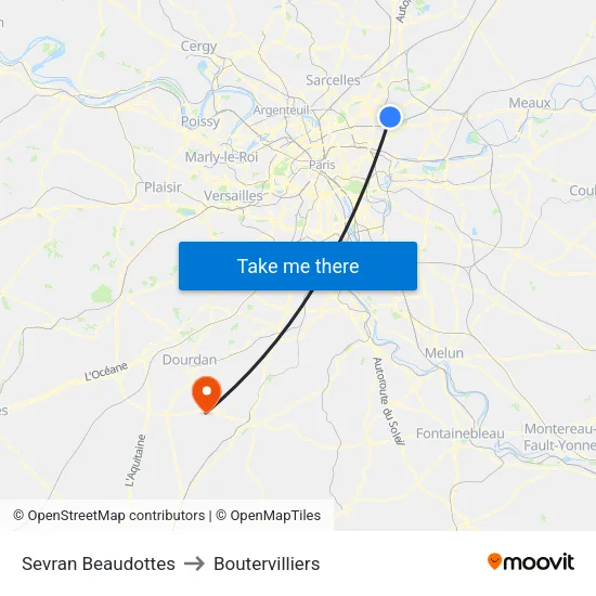 Sevran Beaudottes to Boutervilliers map