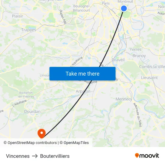 Vincennes to Boutervilliers map
