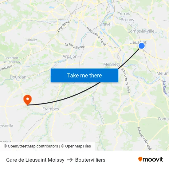 Gare de Lieusaint Moissy to Boutervilliers map
