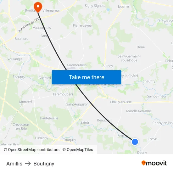 Amillis to Boutigny map
