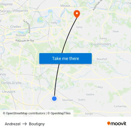 Andrezel to Boutigny map