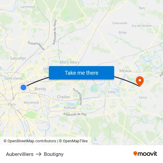 Aubervilliers to Boutigny map