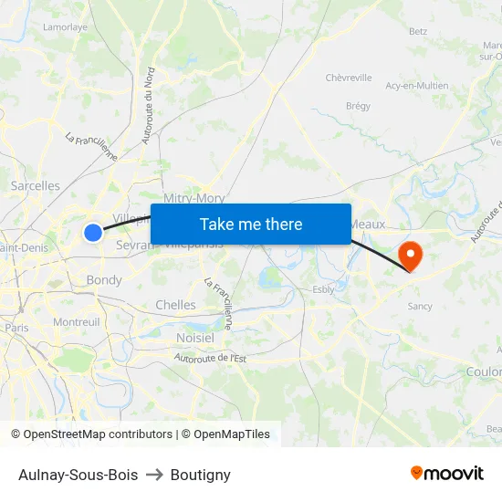 Aulnay-Sous-Bois to Boutigny map