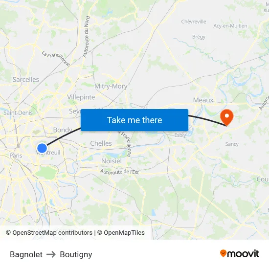 Bagnolet to Boutigny map