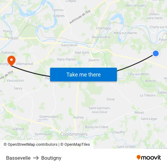 Bassevelle to Boutigny map