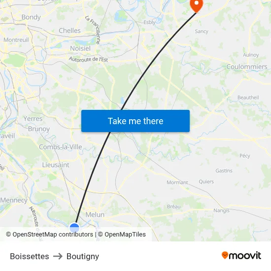 Boissettes to Boutigny map