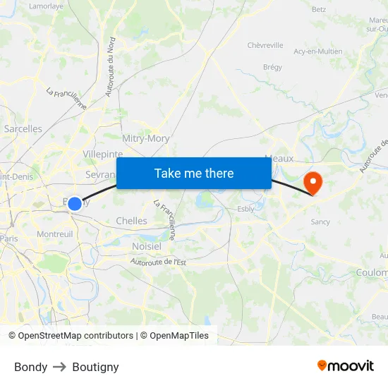 Bondy to Boutigny map