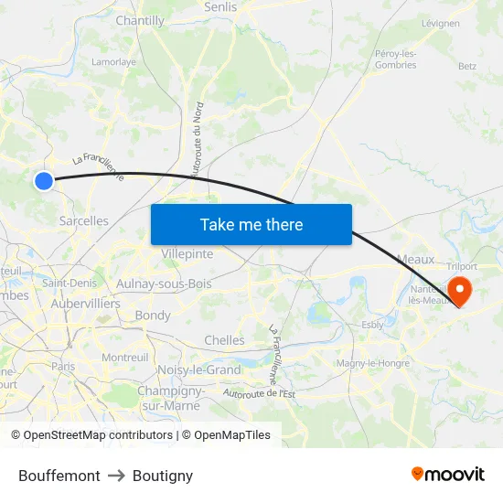 Bouffemont to Boutigny map