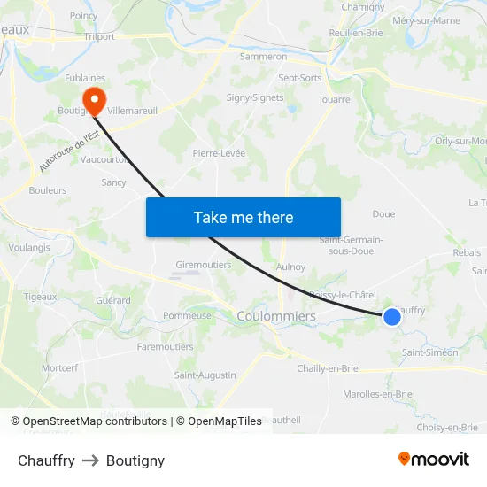 Chauffry to Boutigny map