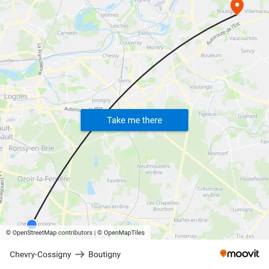 Chevry-Cossigny to Boutigny map