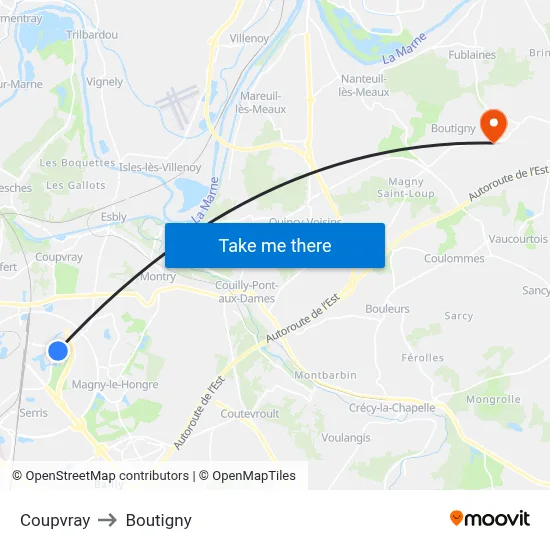 Coupvray to Boutigny map