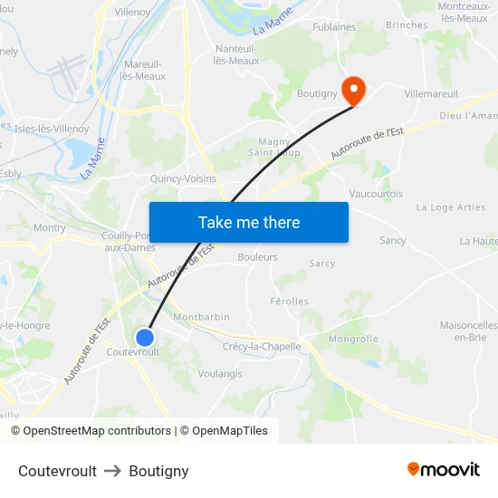 Coutevroult to Boutigny map