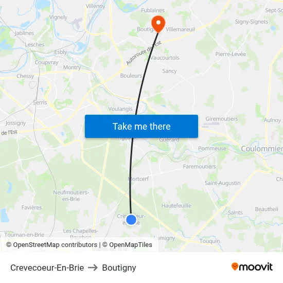 Crevecoeur-En-Brie to Boutigny map