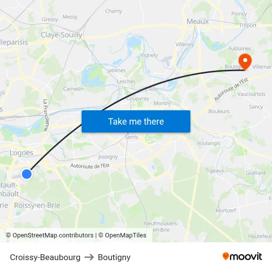 Croissy-Beaubourg to Boutigny map