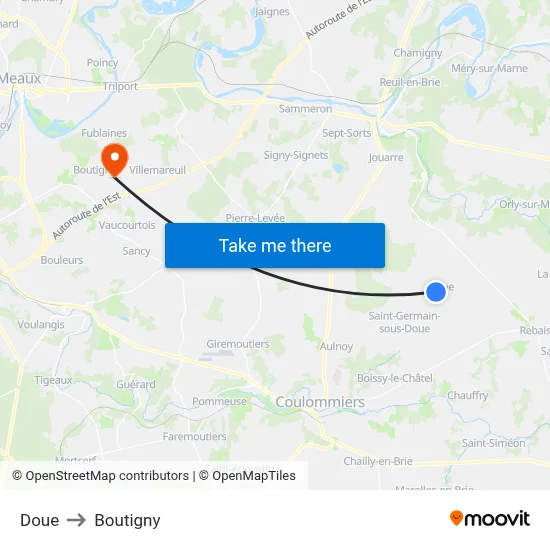 Doue to Boutigny map