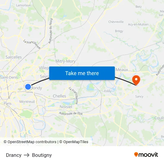 Drancy to Boutigny map