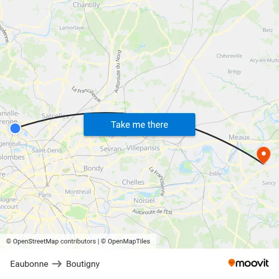 Eaubonne to Boutigny map