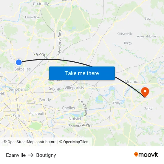 Ezanville to Boutigny map