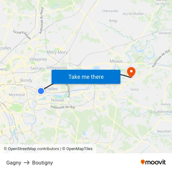 Gagny to Boutigny map