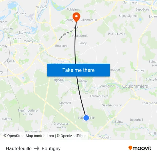 Hautefeuille to Boutigny map