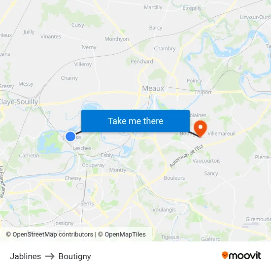Jablines to Boutigny map