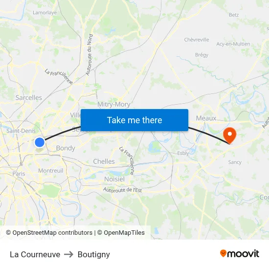 La Courneuve to Boutigny map