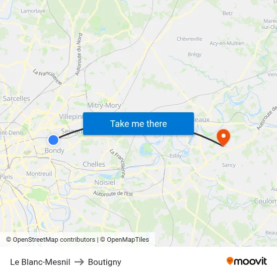 Le Blanc-Mesnil to Boutigny map