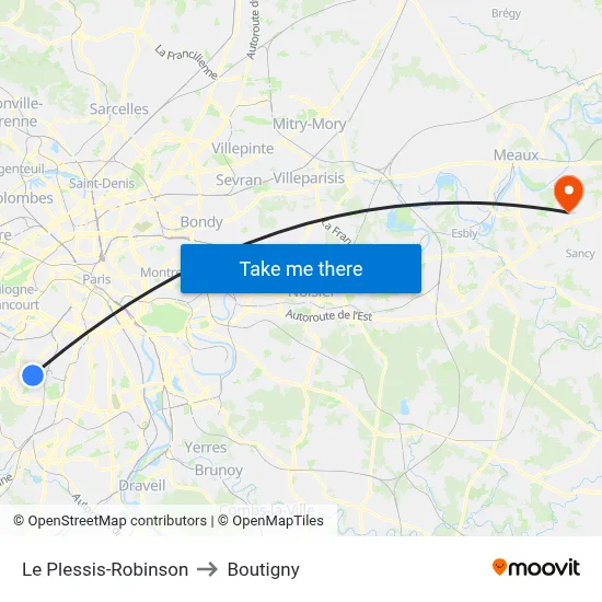 Le Plessis-Robinson to Boutigny map