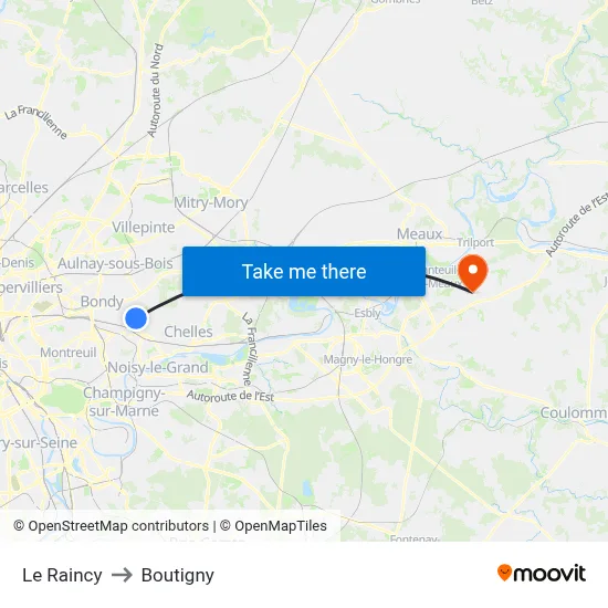 Le Raincy to Boutigny map