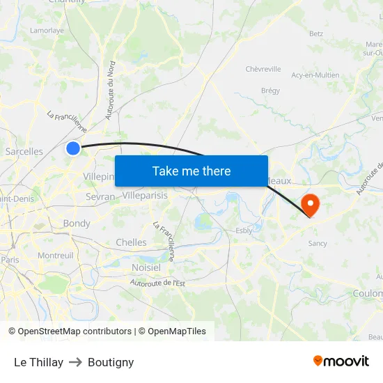Le Thillay to Boutigny map