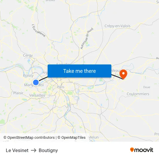 Le Vesinet to Boutigny map