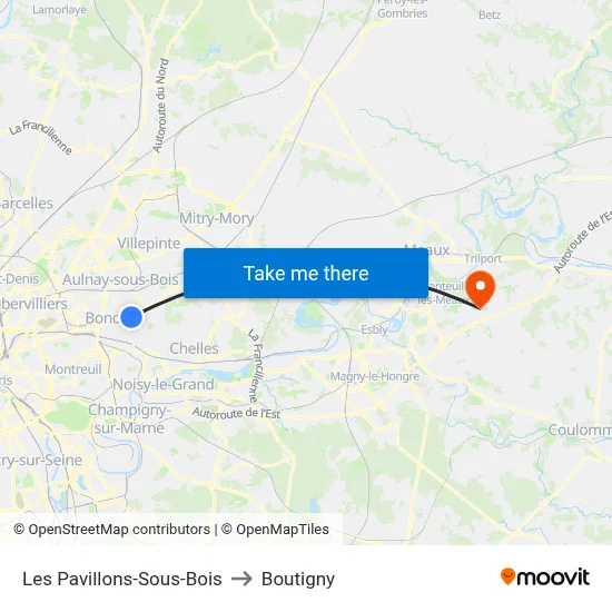 Les Pavillons-Sous-Bois to Boutigny map