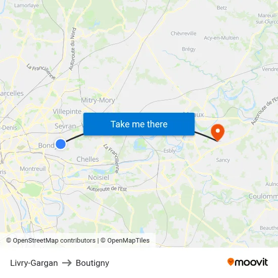 Livry-Gargan to Boutigny map