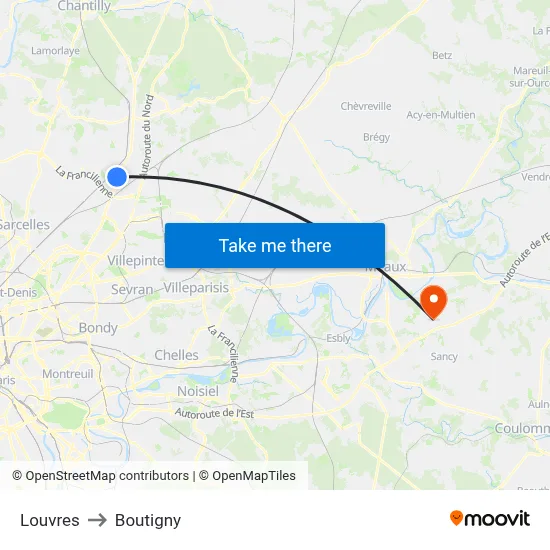 Louvres to Boutigny map