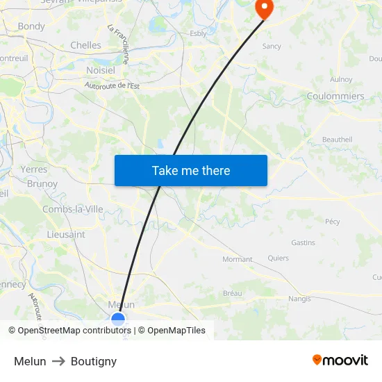 Melun to Boutigny map