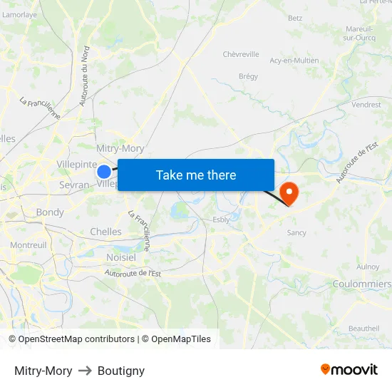Mitry-Mory to Boutigny map