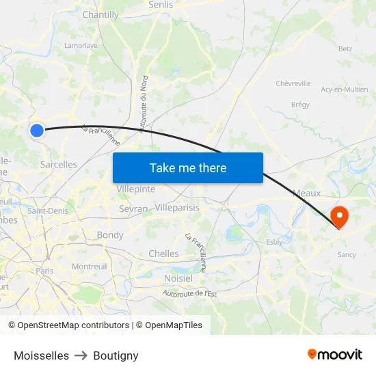 Moisselles to Boutigny map