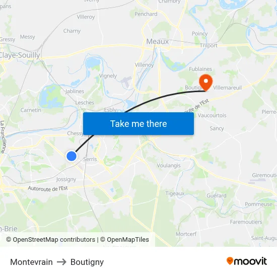 Montevrain to Boutigny map