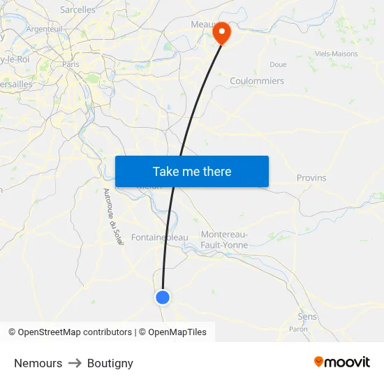 Nemours to Boutigny map
