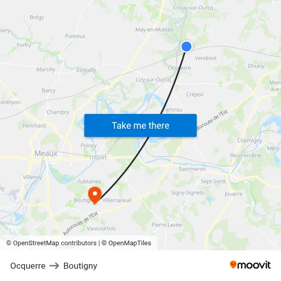Ocquerre to Boutigny map