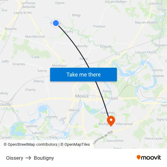 Oissery to Boutigny map