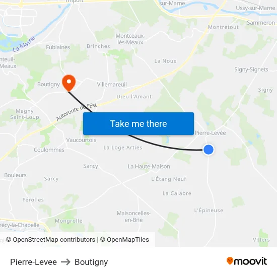 Pierre-Levee to Boutigny map
