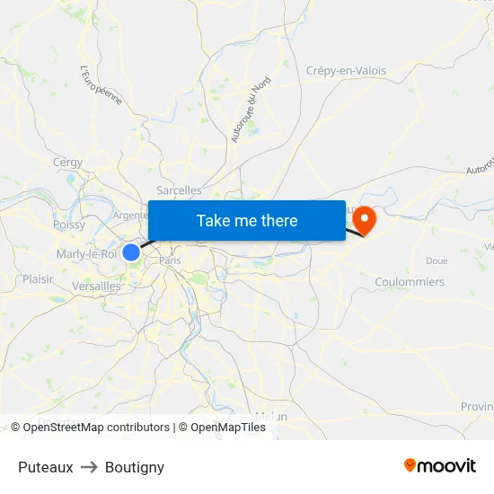 Puteaux to Boutigny map