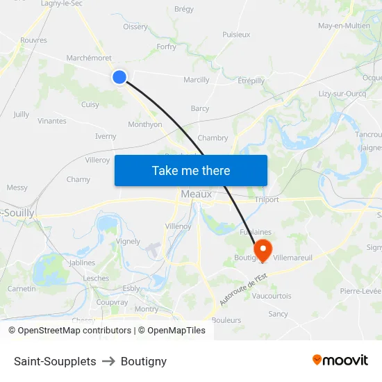 Saint-Soupplets to Boutigny map