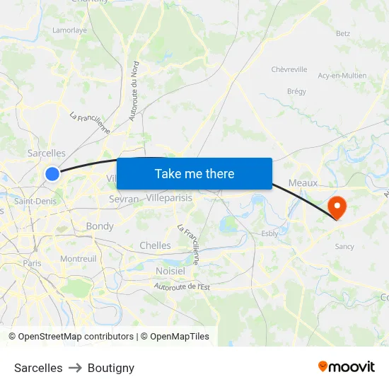 Sarcelles to Boutigny map