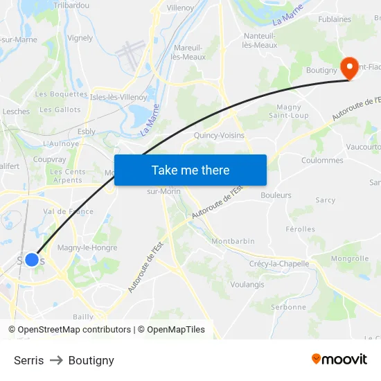 Serris to Boutigny map