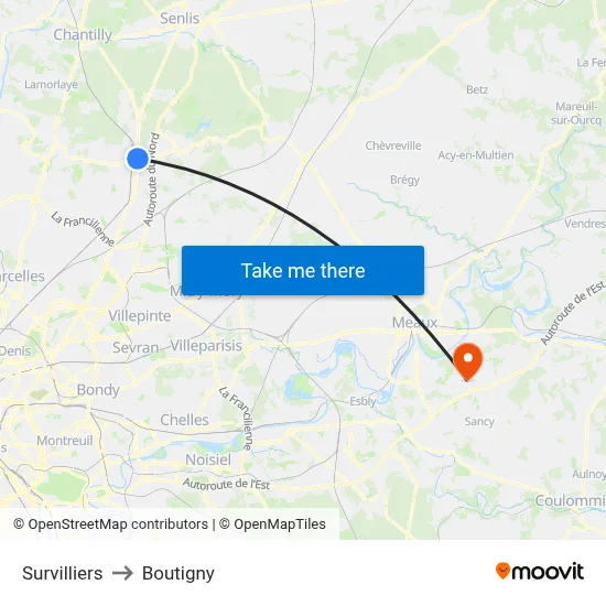 Survilliers to Boutigny map