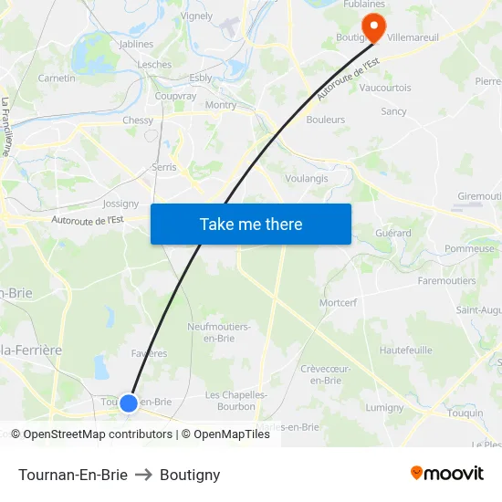 Tournan-En-Brie to Boutigny map