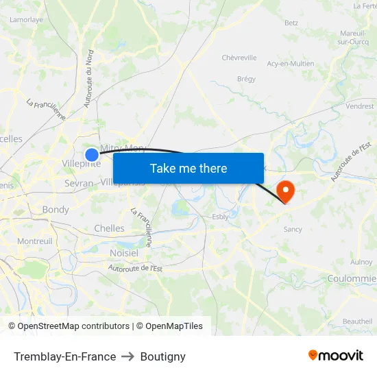 Tremblay-En-France to Boutigny map