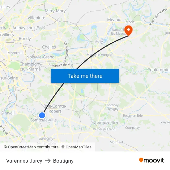 Varennes-Jarcy to Boutigny map